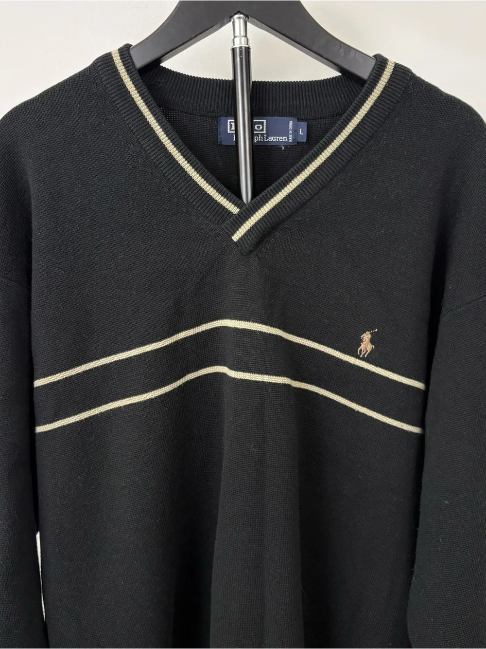 Vintage Polo by Ralph Lauren Black + Gold V-Neck Sweater with Contrast Stripes